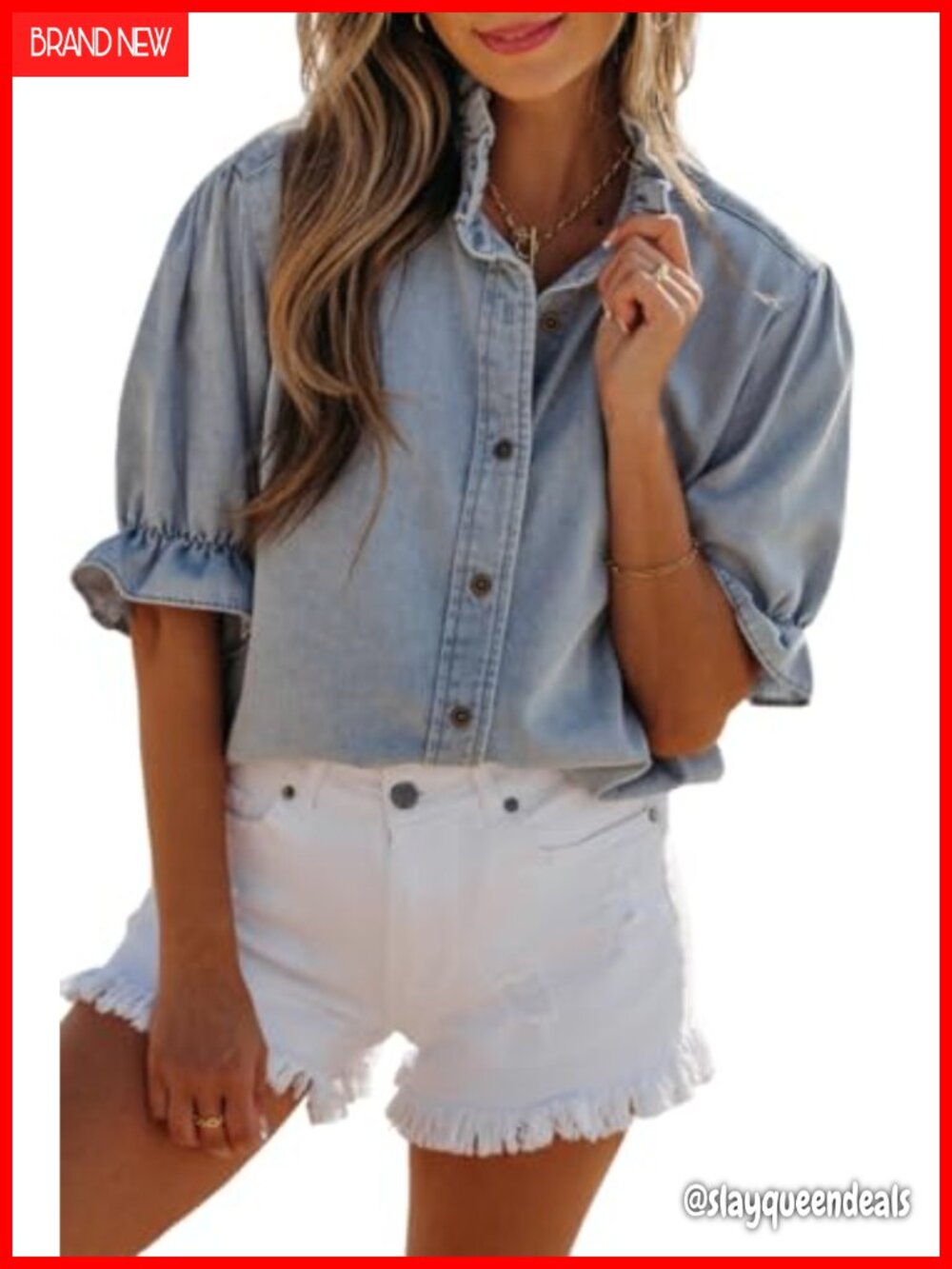 Short Sleeve Ruffle Chambray Denim Tunic Shirt